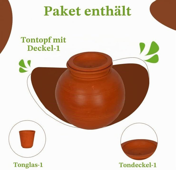Village Decor Handgefertigter Wassertopf aus Erdton mit Zubehör (Fassungsvermögen = 4000 ml) Capacit