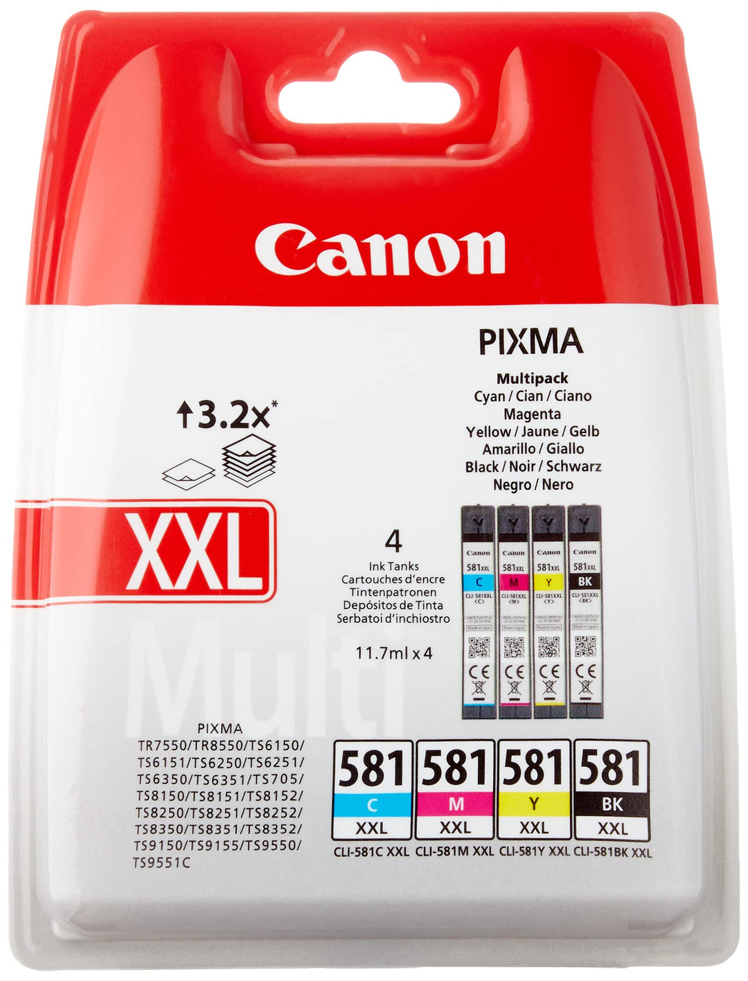 Canon BK/C/M/Y Druckertinte Multipack - mit sehr hoher Reichweite jeweils 11,7 ml für PIXMA Tintenst