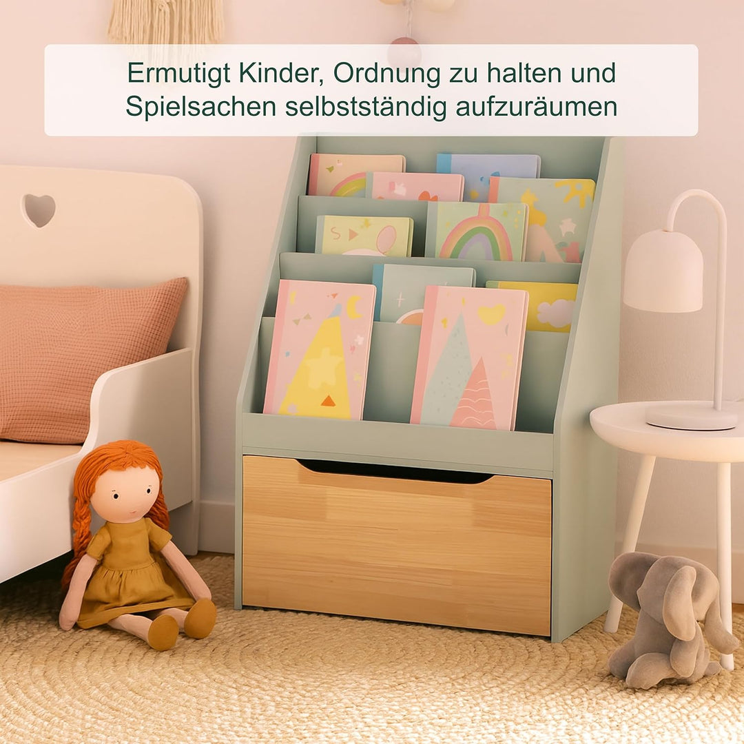 Relaxdays Bücherregal Kinder, HxBxT: 80x60x30 cm, 4 Bücherfächer, Spielzeugkiste mit Rollen, Kinderr