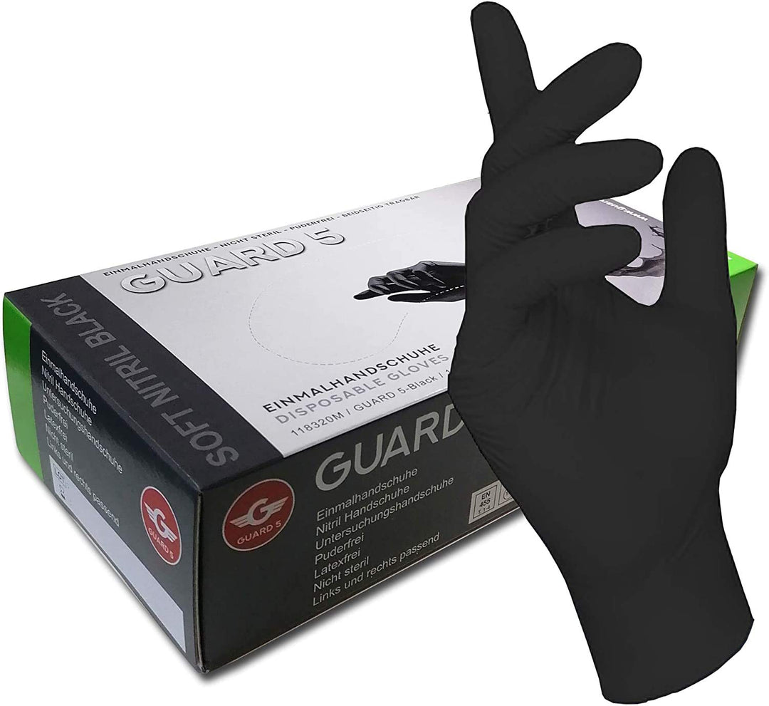 200 Stck - Einweghandschuhe von GUARD 5 - Schwarze Nitril-Handschuhe puderfreie Tätowierhandschuhe K