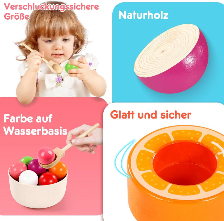 Montessori Spielzeug ab 1 2 3 Jahr, Baby Motorikspielzeug Obst Holzspielzeug für Farbsortierung und