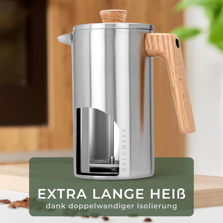 WALDWERK French Press (1L) - Kaffeebereiter aus doppelwandigem Edelstahl mit Holzgriff aus Eichenh