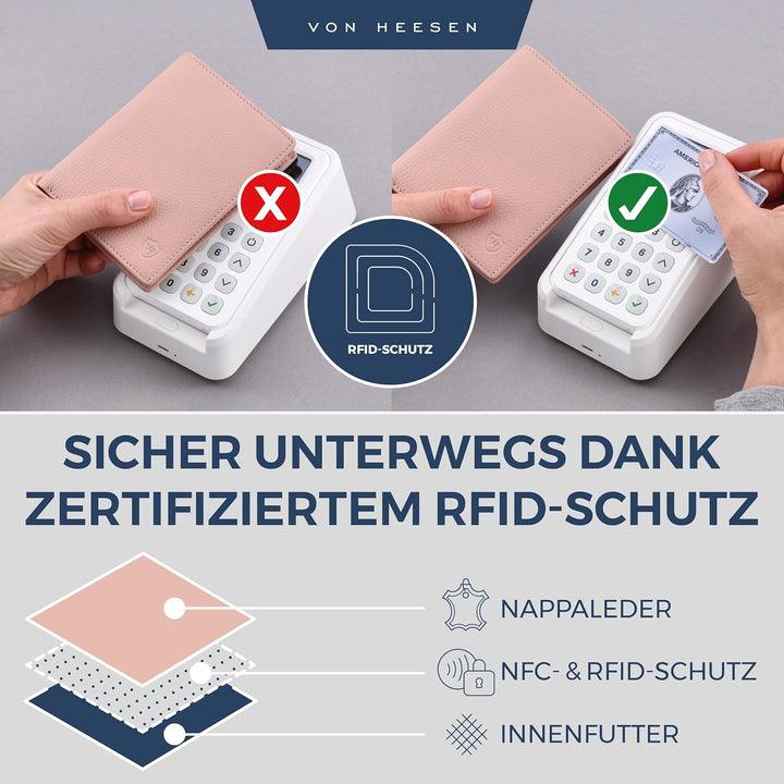 VON HEESEN Leder Geldbörse RFID Schutz I Echtleder Geldbeutel für Damen &amp; Herren I Portemonnaie Brie