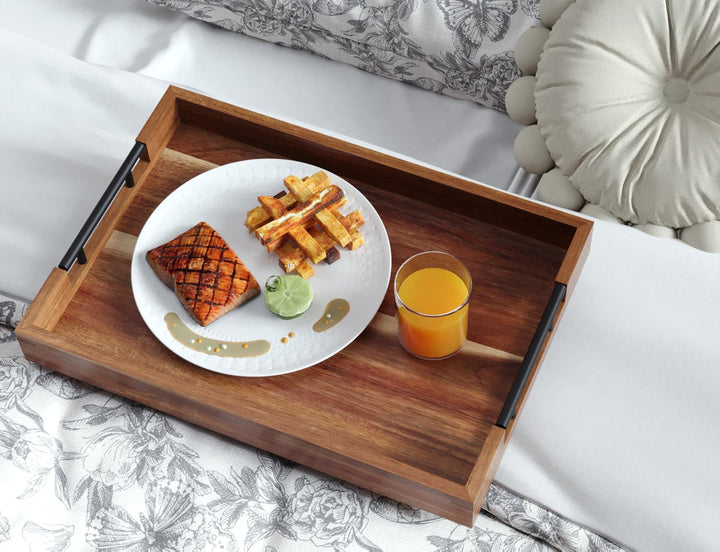 Fibogollo 2er Set Akazienholz Serviertablett mit Metallgriff, Rechteckig Tablett Frühstückstablett,D