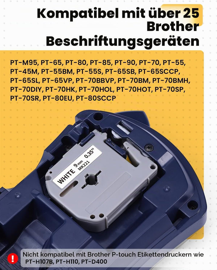 Aken 5 x Kompatibel M-K221 9mm 0.35 Schriftband für Brother Ptouch MK-221 MK221 M-K221S Schwarz auf