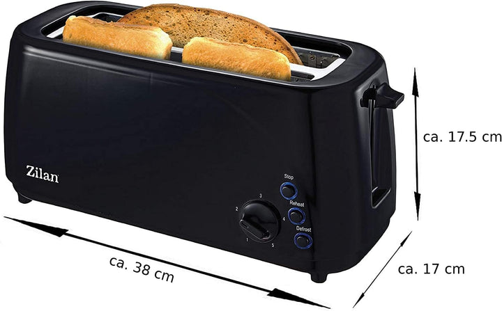 Zilan, Langschlitz-Toaster, 4 Scheiben Toastautomatik, XXL, 5 Bräunungsstufen, Brot-Auftaufunktion,