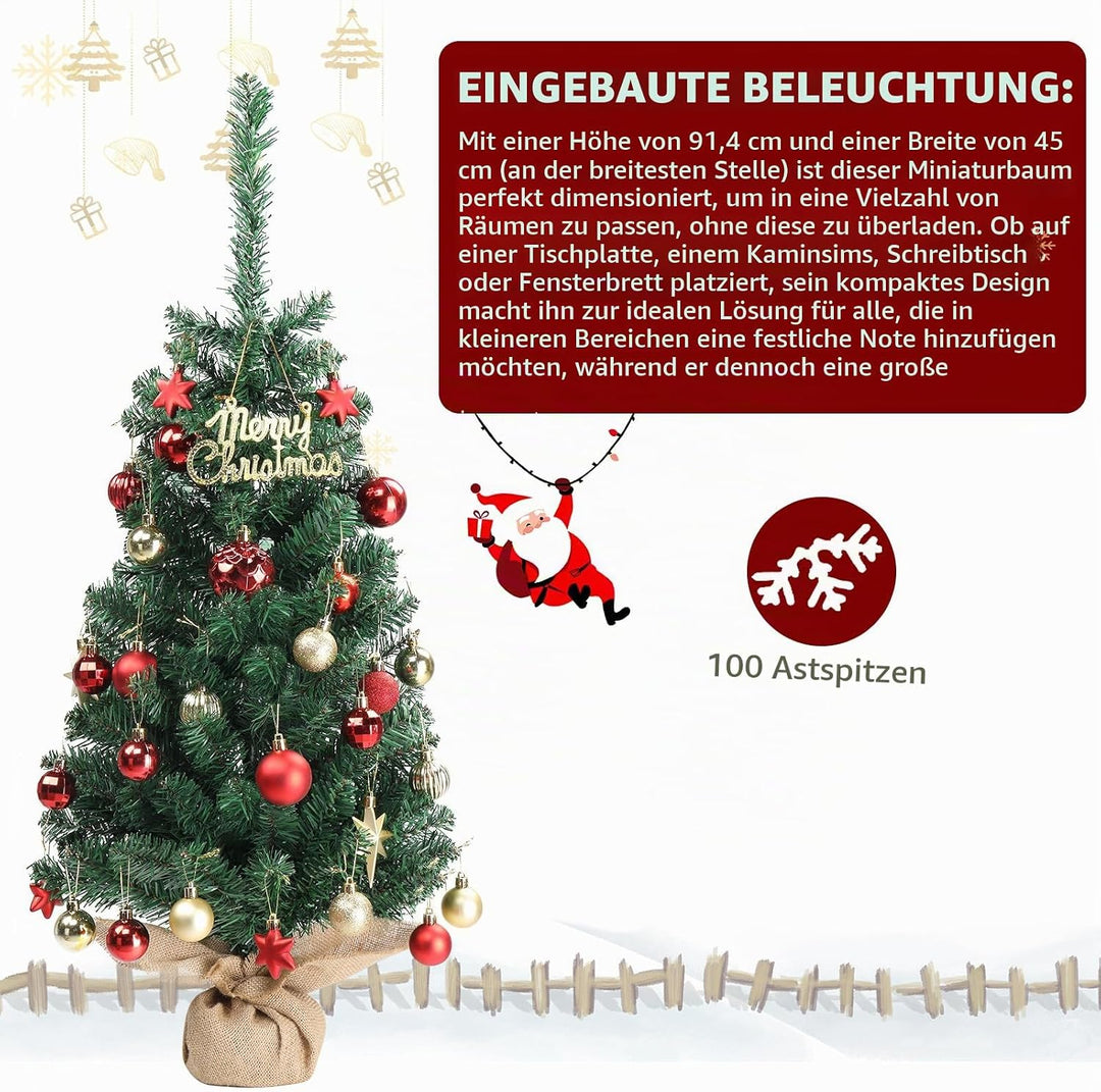 LEADZM Künstlicher Weihnachtsbaum 90 cm, Tisch Weihnachtsbaum klein künstlich geschmückt für Weihnac