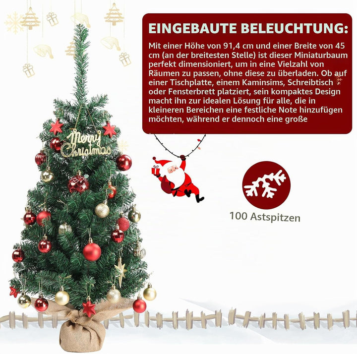 LEADZM Künstlicher Weihnachtsbaum 90 cm, Tisch Weihnachtsbaum klein künstlich geschmückt für Weihnac
