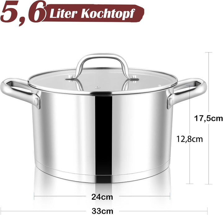 Joyfair Kochtopf, 24cm Edelstahl Suppentopf mit Glasdeckel, 3-Lagen Edeastahl Topf Induktion für all