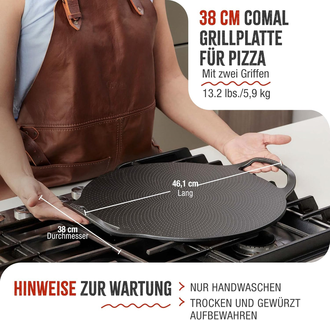 Victoria Grillplatte fur Pizza Gusseisen Pizzablech, 38cm mit Griffen, Induktion, Feuer, Grill, Ofen