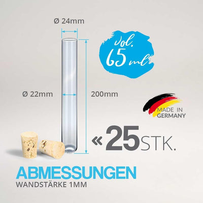Tuuters 25 x Reagenzglas aus Laborglas mit Natur-Korken ✪ Premium-Line ✪ Starkwandig (200 x ø 24 mm)