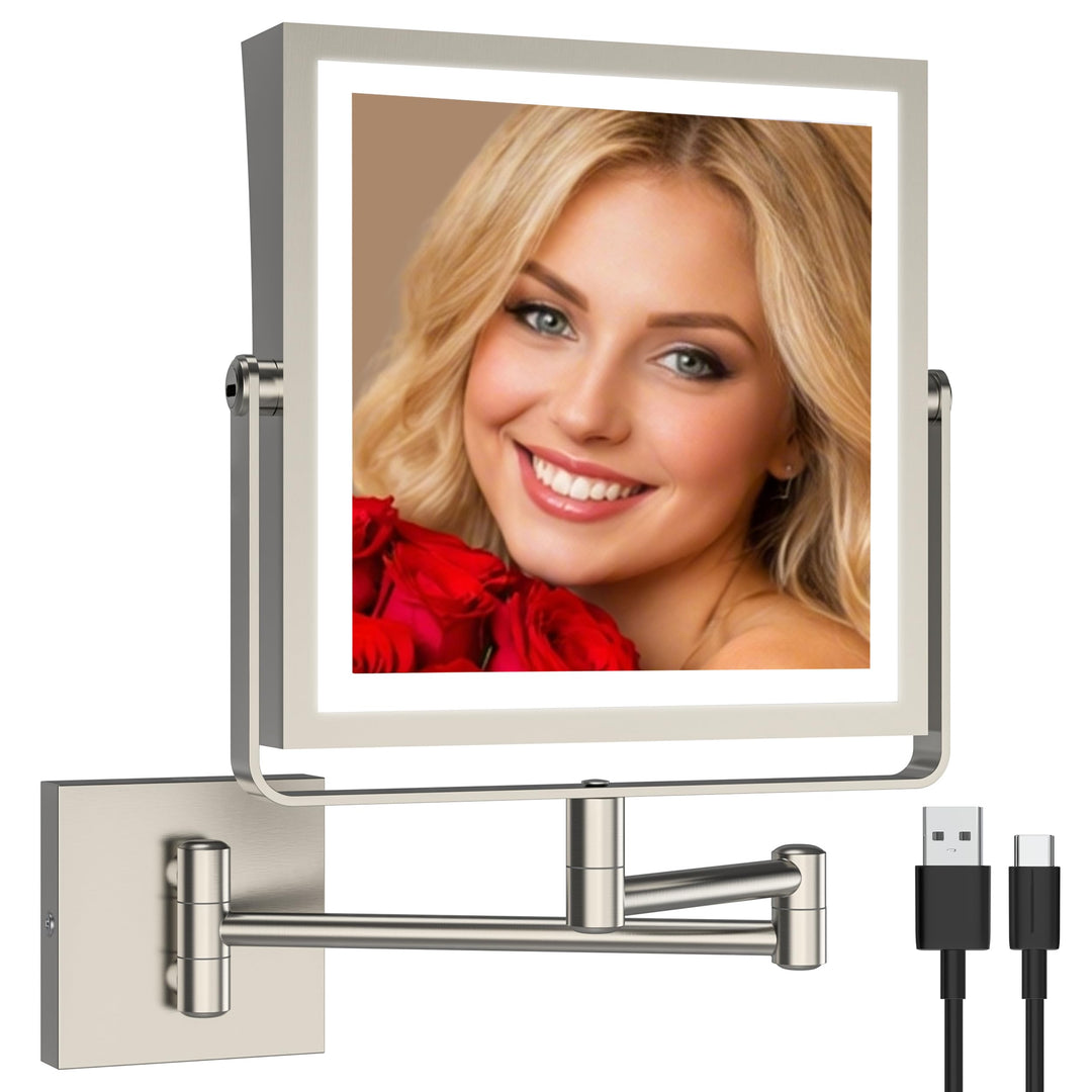 Ruacq Wiederaufladbarer Wand-Make-up-Spiegel mit Lichtern, doppelseitig, 1 x / 10-fache Vergrösserun