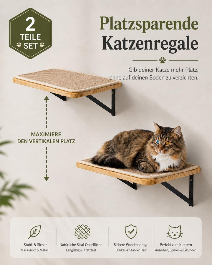 2PC Katzen Kletterwand, Katzenwandmöbel mit Kratzmatte, Wandmontiertes Massivholz Schlafplattform fü