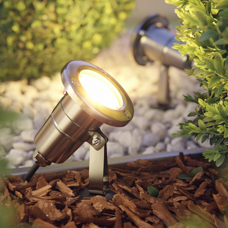 ledscom.de Gartenstrahler MUK mit Erdspiess für aussen, Edelstahl, je 12,47W je 430lm 100° warm-weis