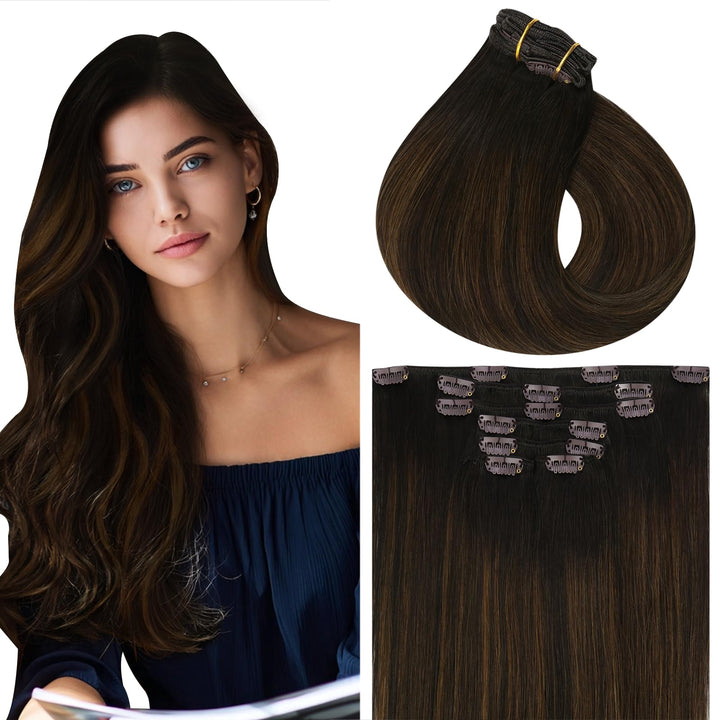 Vivien Clip Extensions Echthaar Dunkelbraun Balayage Hellbraun 45cm Natürlich Echthaar Clip in Exten