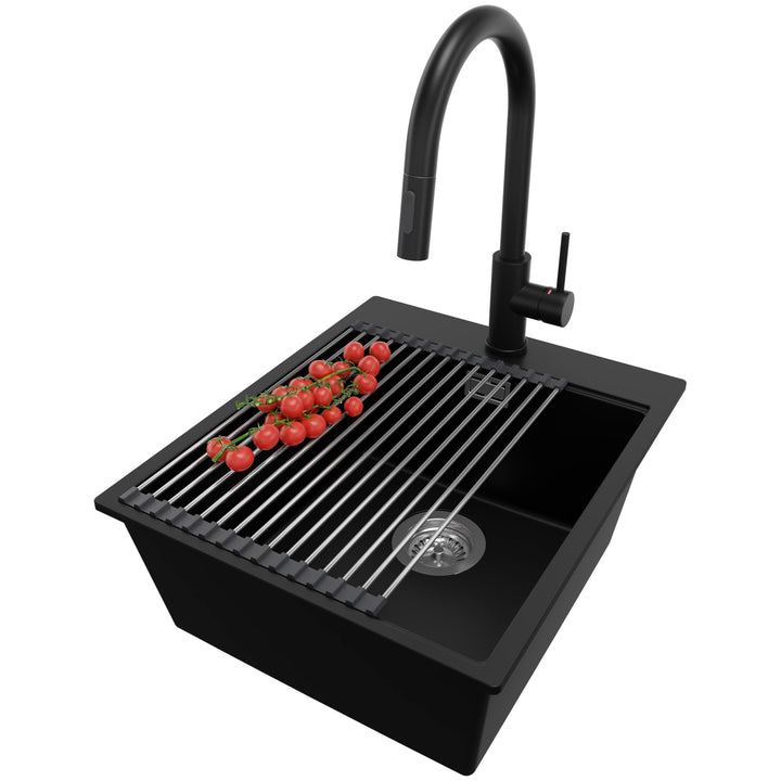 Granitspüle Schwarz 43x50cm, Spülbecken 1 Becken + Ablauf-Set + Küchenarmatur + Schneidebrett, Küche