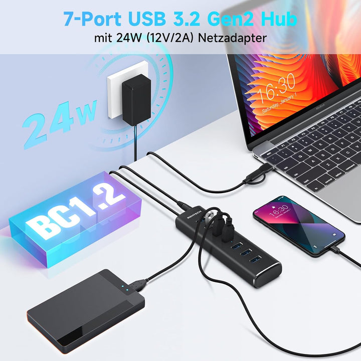 USB 3.2 Hub Aktiv mit Netzteil, RSHTECH Aluminium USB Hub 3.1 Gen2 mit 7*USB 3.2-Datenport (10Gbps),
