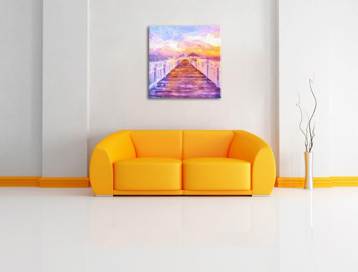 Pixxprint Steg ins Meer bei Sonnenuntergang Pinsel Effekt, Format: 70x70 auf Leinwand, 70x70