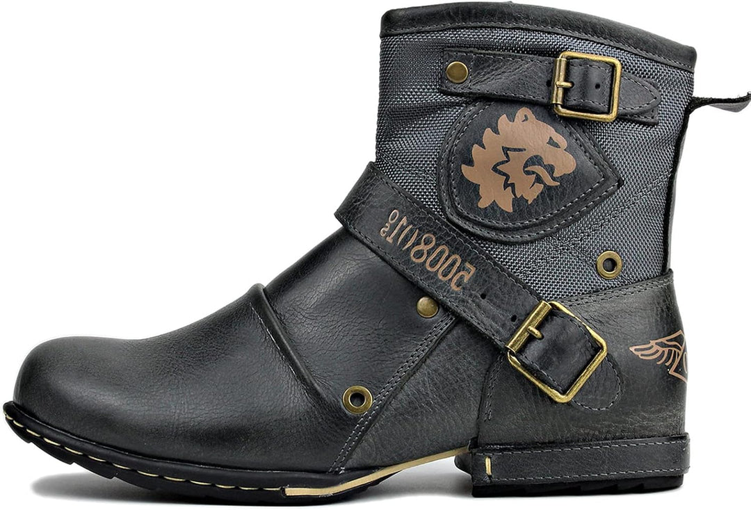 OSSTONE Herren Leder chukkastiefel Worker Biker Boots-Motorrad-Leder-Schuhe für reissverschluss Schn