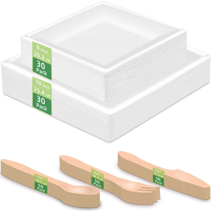 HOMURG Pappteller Eckig und Holz Besteck 30 Set, Robust Partygeschirr mit Einwegteller und Einwegbes