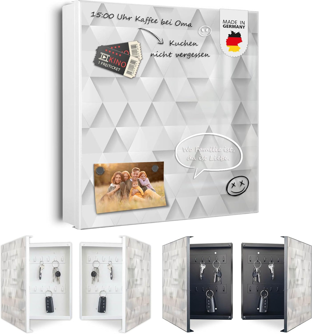banjado® Grosser Schlüsselkasten Glas/Schlüsselbox 30cm x 30cm mit 50 Haken - Motiv Weisse Dreiecke/