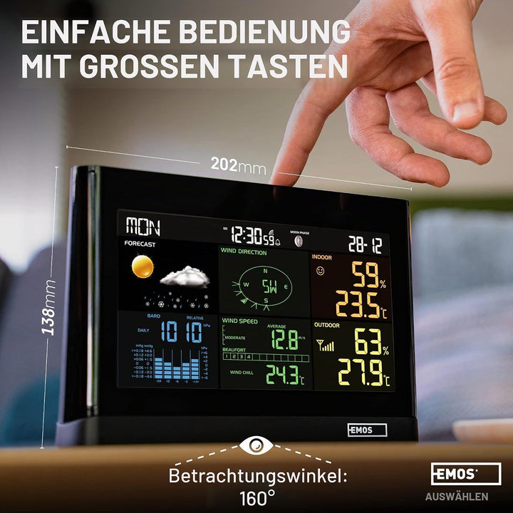 EMOS Wetterstation mit Windmesser und Regenmesser- System mit Farbdisplay, zur Wettervorhersage, für