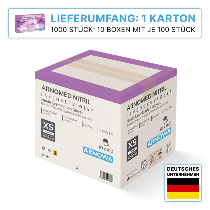 1000 Stück ARNOMED Einweghandschuhe Lila, Einmalhandschuhe XS, Nitril Handschuhe Einweg, Nitrilhands