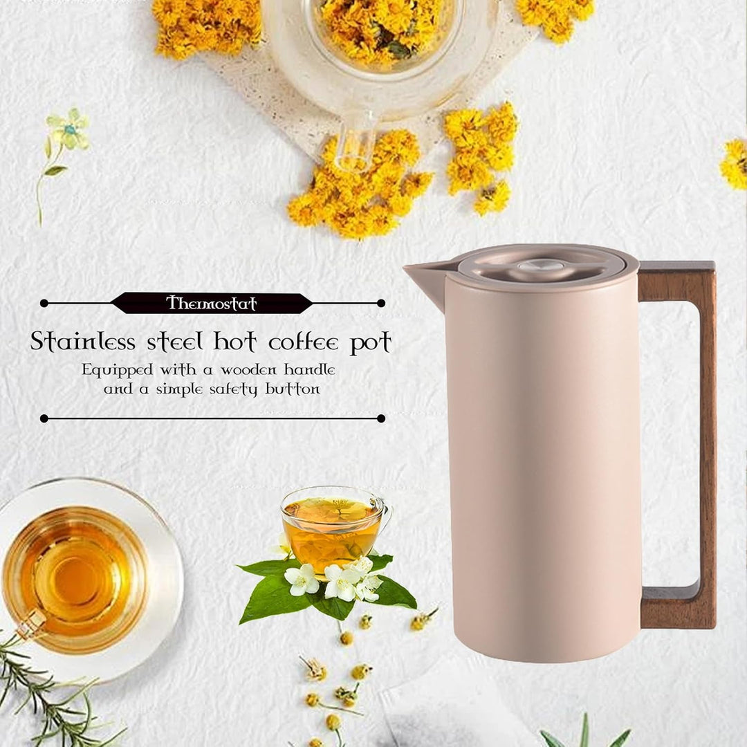 Thermoskanne Kaffeekannen Edelstahl Vakuum Isolations, Mit Holzgriff Und Einfachem Sicherheitsdruckk