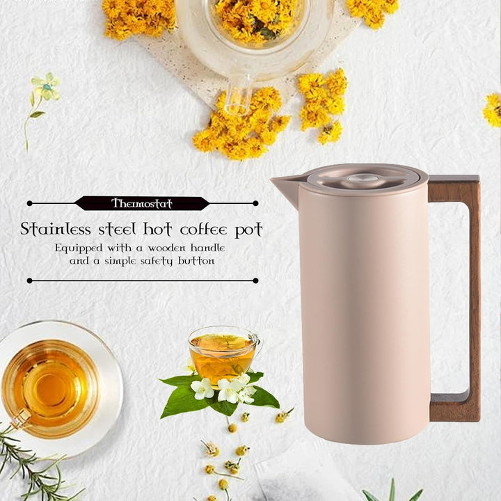 Thermoskanne Kaffeekannen Edelstahl Vakuum Isolations, Mit Holzgriff Und Einfachem Sicherheitsdruckk