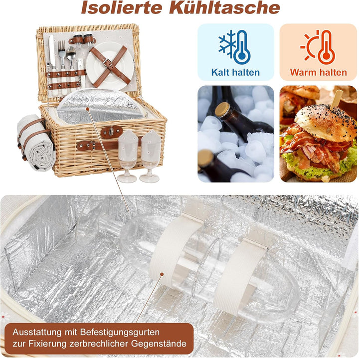 Picknickkorb für 2 Personen, Picknickkorb-Set mit Kühlfach und wasserdichte Picknickdecke, Besteck S