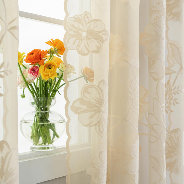 Treatmentex Spitze Vorhang Jacquard Gardinen mit Ösen Schwarze 3D Blumenmuster Halbtransparente Vorh