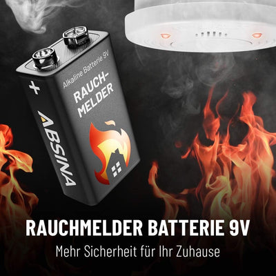 ABSINA Rauchmelder Batterie 9V Block - 8er Pack Alkaline 9V Block Batterien langlebig & auslaufsiche