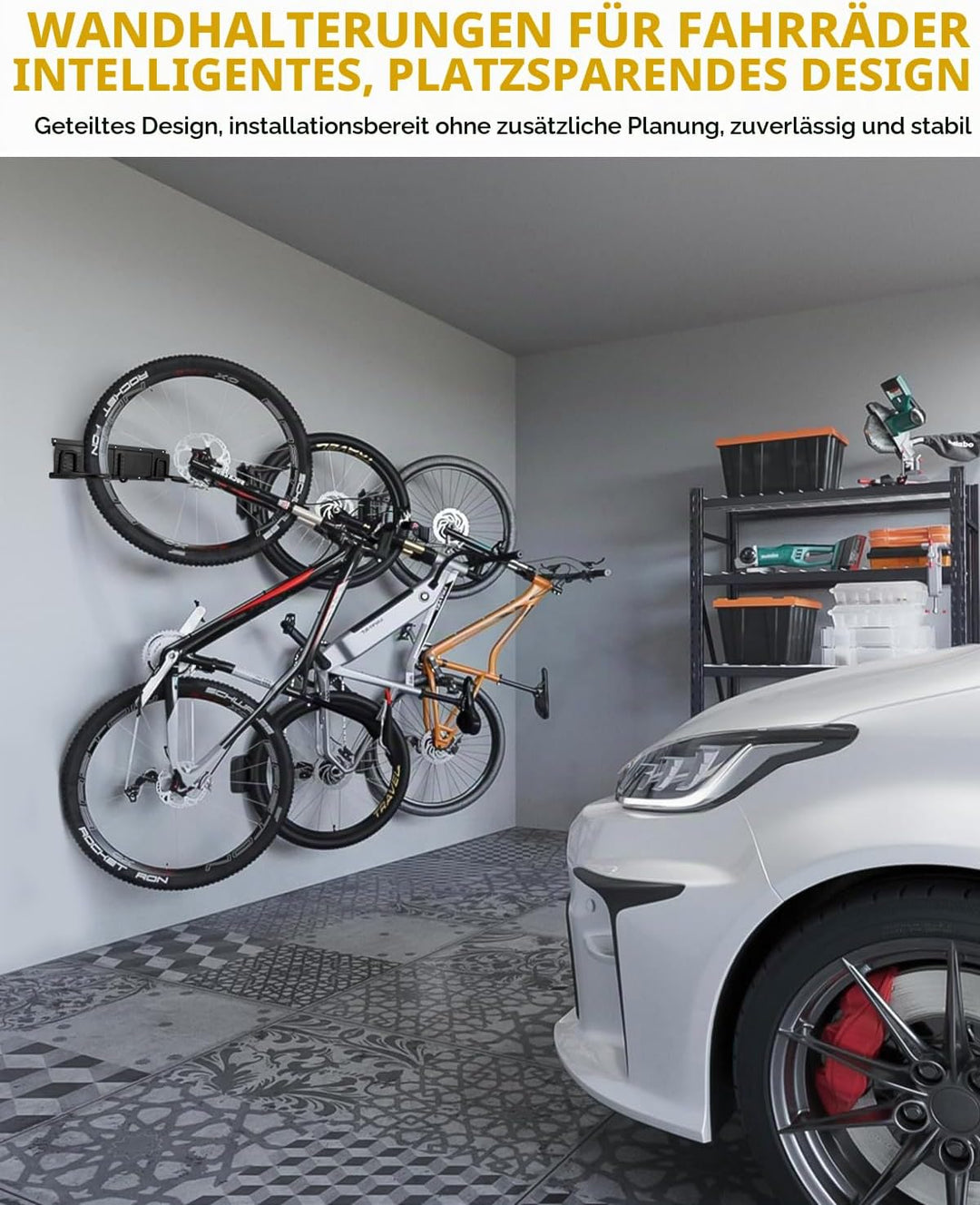 Fahrrad Wandhalterung für 4 Fahrräder + 2 Helme,Bike Storage Wandhalterung bis zu 300 Pfund, Robust