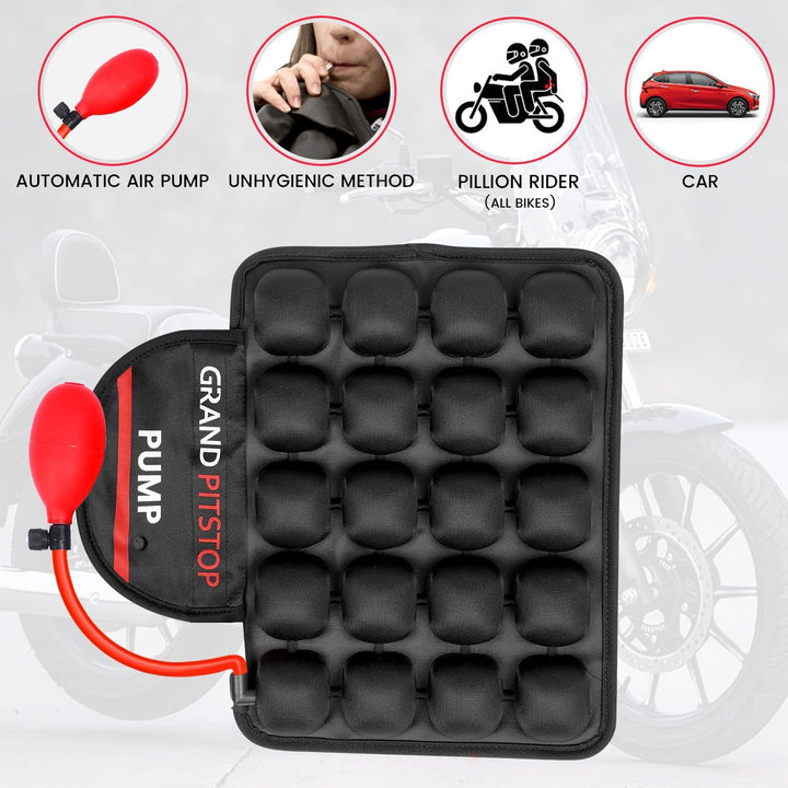 GRAND PITSTOP Motorcycle Air Seat Cushion with Air Filling Pump, Inflatable Bubble Air Pads with Bre