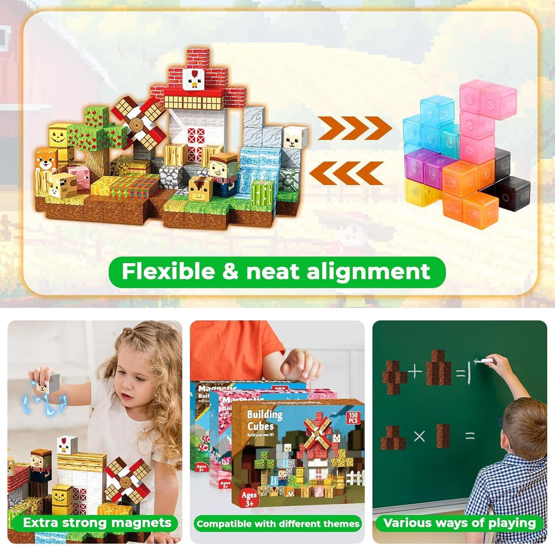 Magnetische Bausteine 150 Stück Magnetic Blocks mit Windmühle Tiere-Figuren für Rollenspiele Montess
