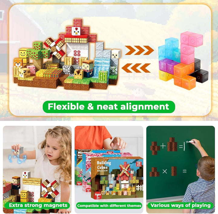 Magnetische Bausteine 150 Stück Magnetic Blocks mit Windmühle Tiere-Figuren für Rollenspiele Montess