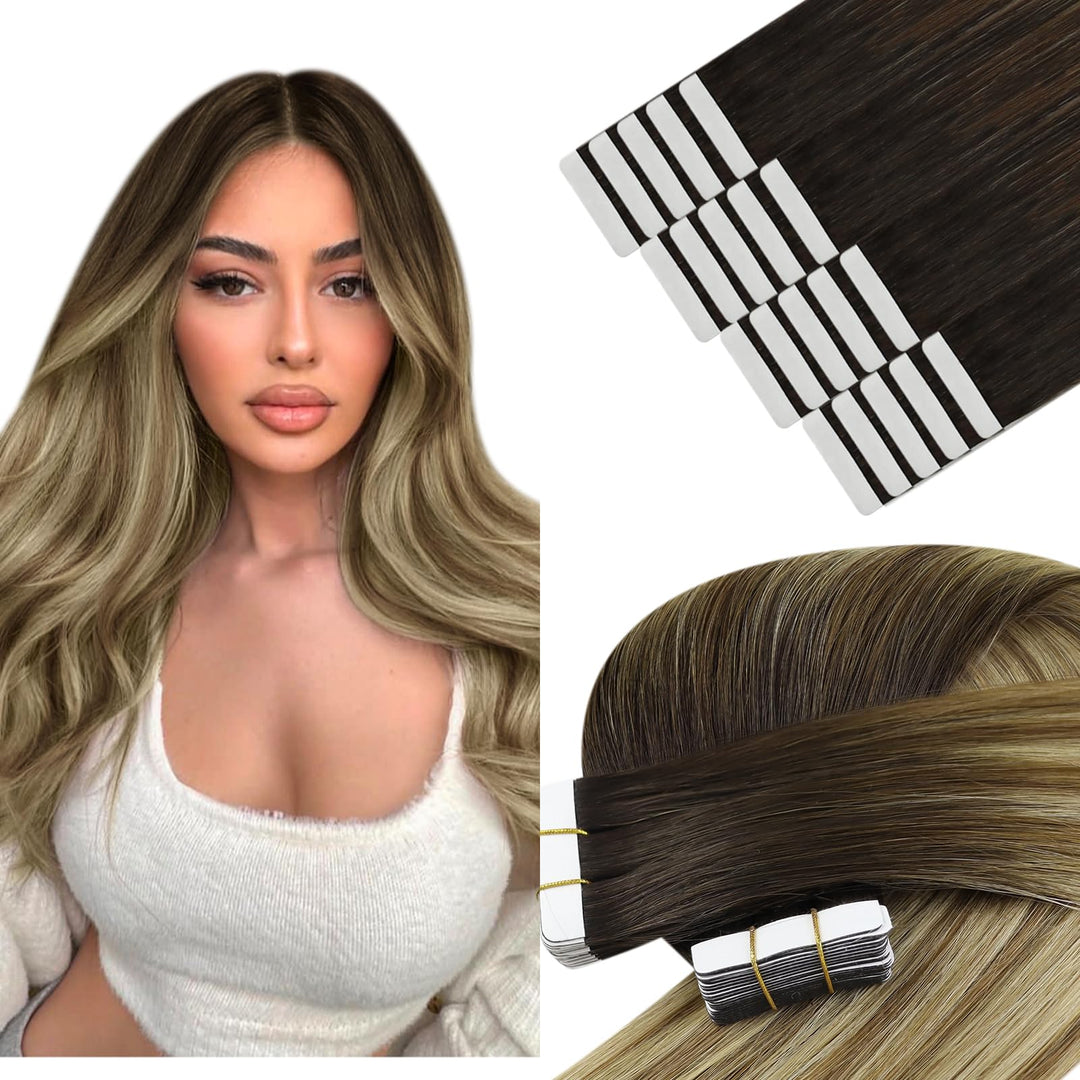 YoungSee Tape Extensions Echthaar Balayage 35cm Echthaar Extensions Tape Braun Ombre Blond Extension