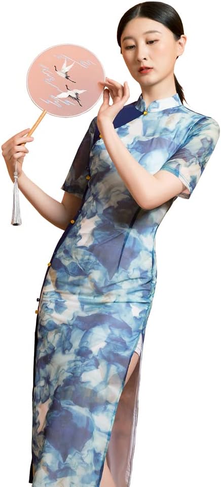 ROYAL SMEELA Blau Cheongsam Damen Druck Cheongsam Qipao Chinesische Kleid Für Frauen Kurzarm Cheongs