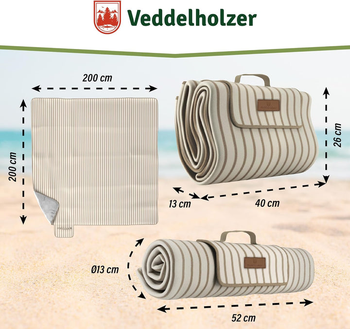 Veddelholzer 200 x 200 cm Beach Picknickdecke wasserdicht, sandfeste Stranddecke XXL isoliert & gepo