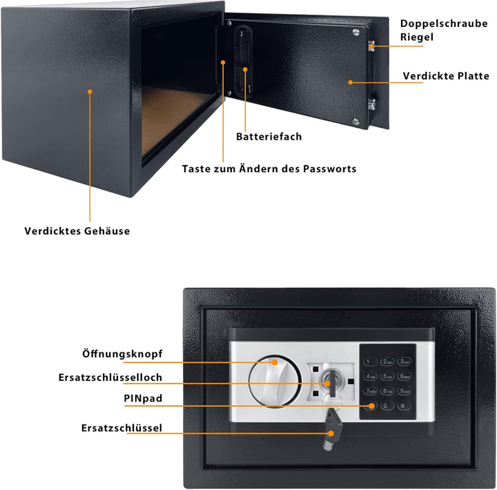 YRHome 12L Mini Tresor für Zuhause Safe Tresor mit Digitaler Passwort, Batteriebox, 2 Sicherheitssch