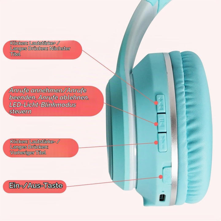 Kinder Bluetooth Kopfhörer, Katzenohr LED Lichter, Bluetooth 5.3 Stereo, Verstellbares Kopfband, 85d