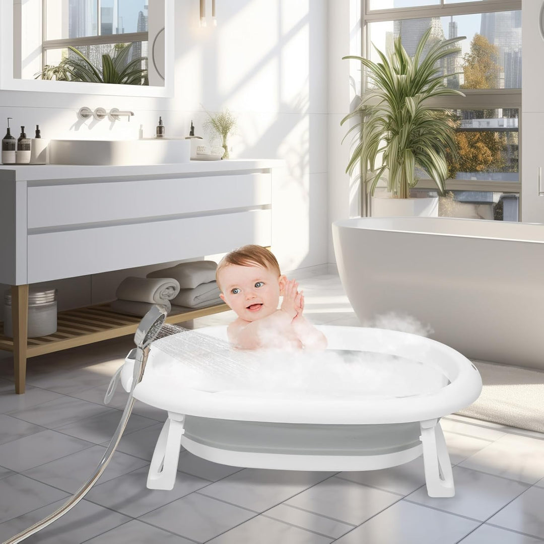 Faltbare Babybadewanne XXL mit Ständer, Sitz und Entwässerungssystem, 0-3 Jahre, 2-in-1 Babybadewann