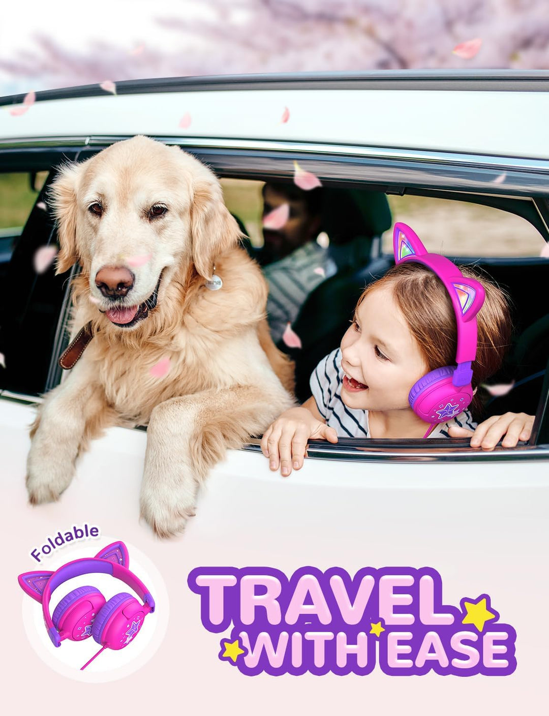 iClever Kinder Kopfhörer, LED Beleuchtetes Katzenohr, 85dBA Sichere Lautstärke, Stereo Sound, Faltba