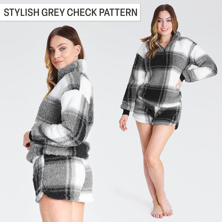 CityComfort Schlafanzug Damen Warm Fleece Pyjama Damen Hausanzug Kuschelig, S Mehrfarbig Kariert