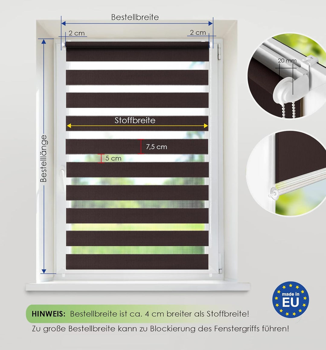 Rikmani Doppelrollo Fensterrollo ARD Duo-Rollo Klemmfixierung Zebrarollo Seitenzugrollo ohne Bohren,
