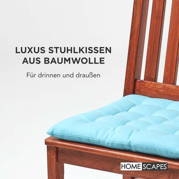 Homescapes 4er Set Stuhlkissen 40 x 40 cm, blau/hellblau, Sitzkissen mit Bändern und Knopfverschluss