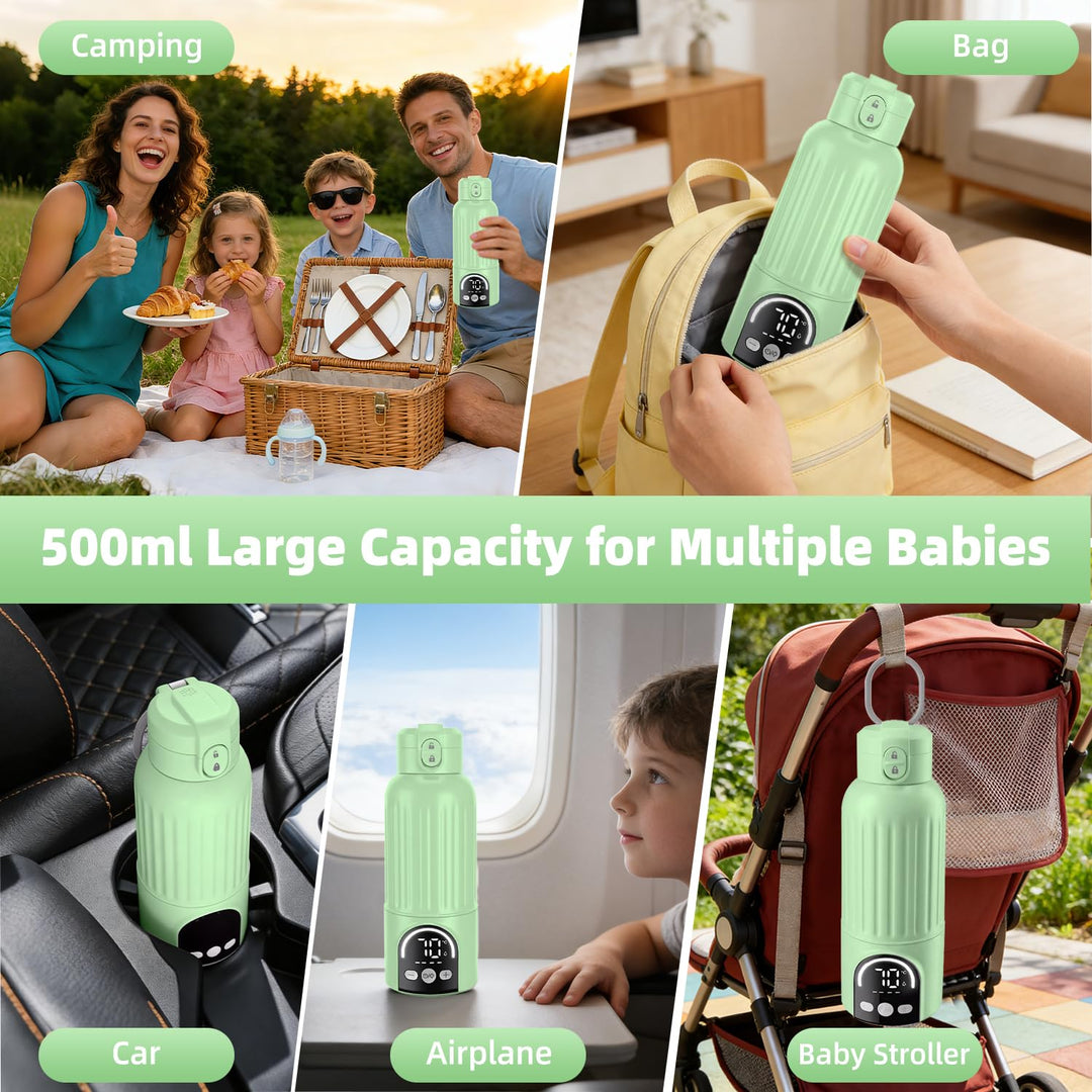 Tragbarer Babyflaschenwärmer Grün für Unterwegs, 500ml Muttermilchwärmer, 12000mAh Akku, 120W Schnel