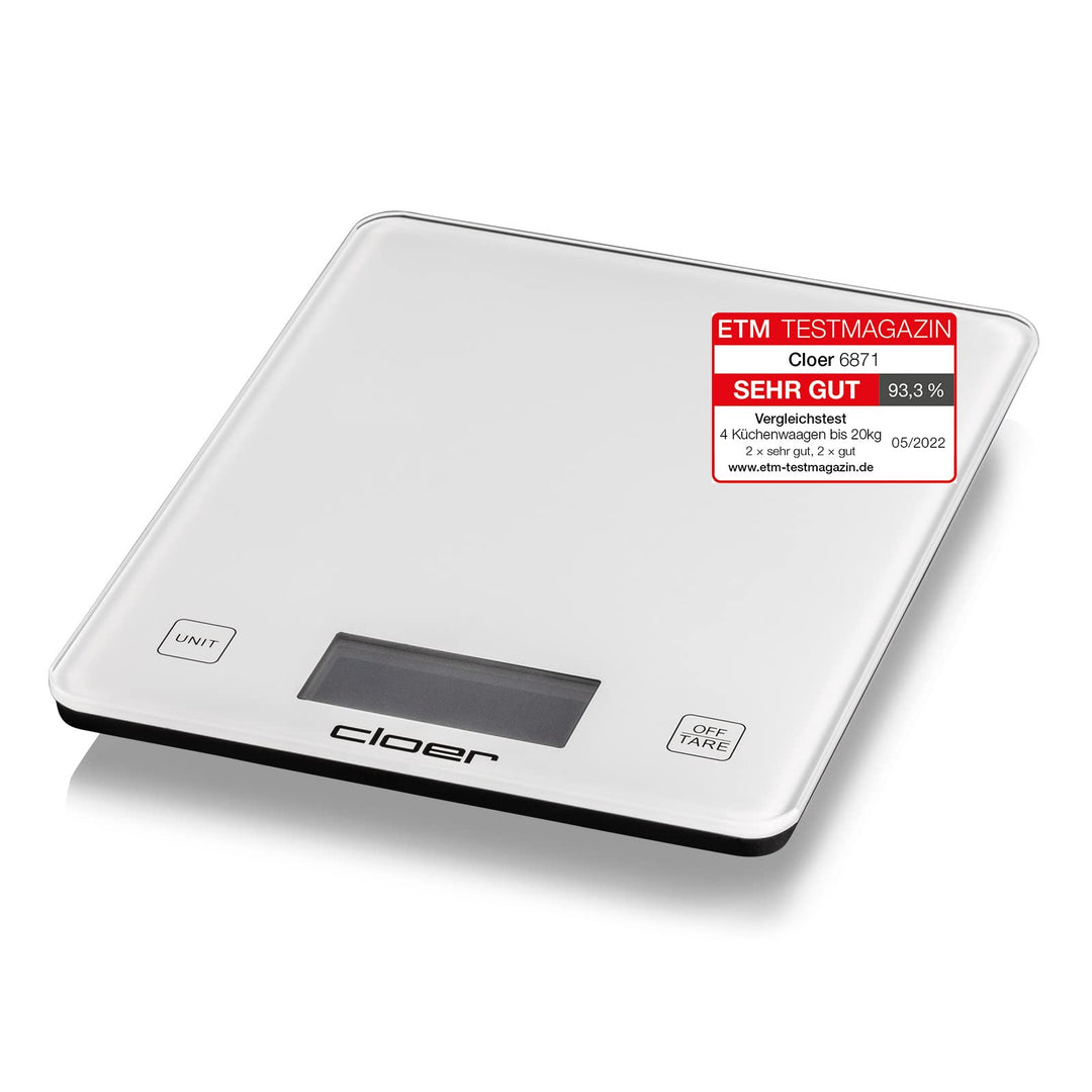 Cloer 6871 Digitale Küchenwaage für bis zu 10 kg, Zuwiegefunktion, Gewichtsmessung in 1 g Schritten,