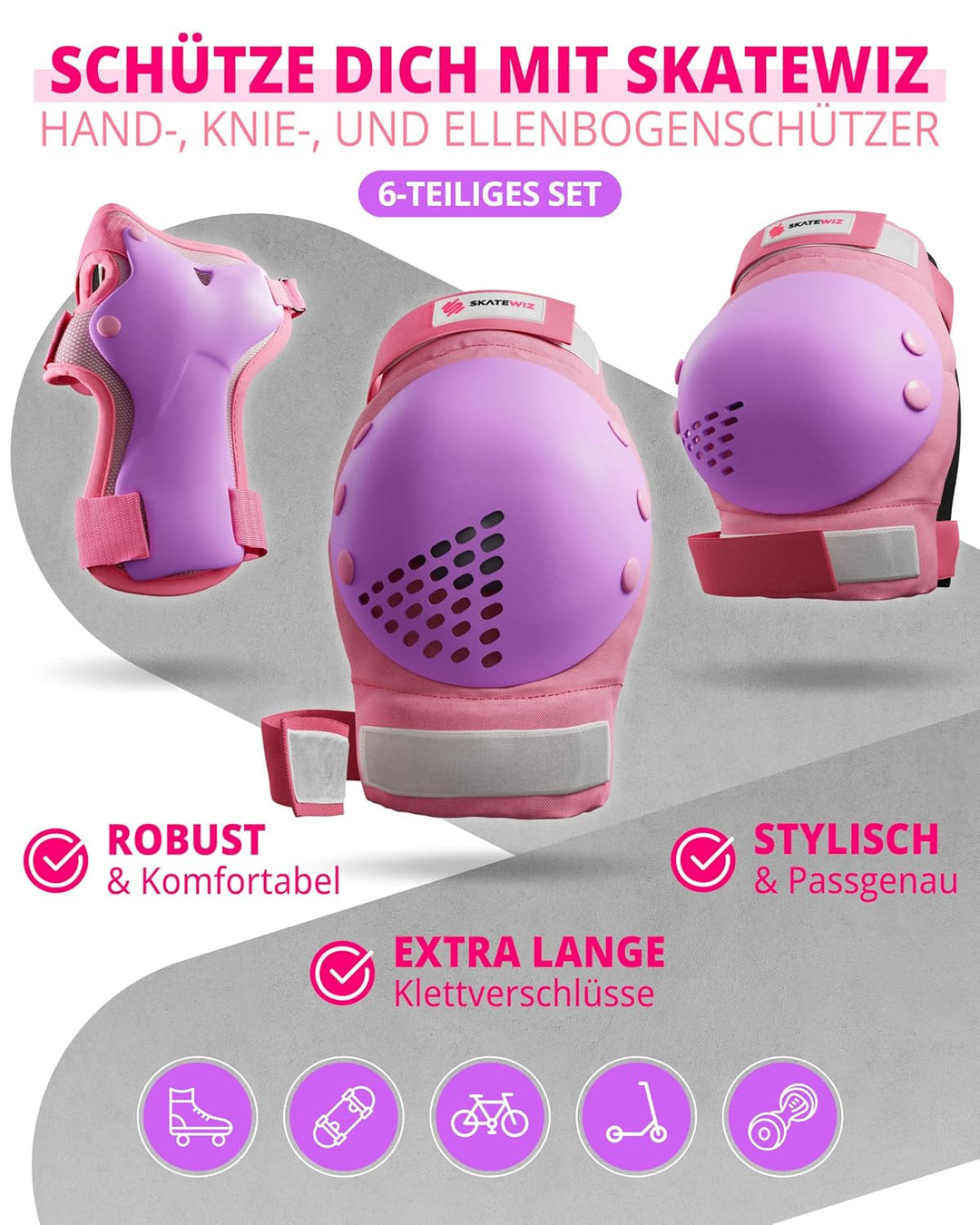 SKATEWIZ Skate Protektoren für Kinder &amp; Erwachsene in 6 Farben - Knieschützer Kinder Set [6pc] SMASH