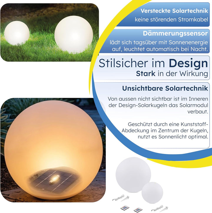 Esotec Solarkugeln Siena, 2er Set, Multicolor, 20+30cm, Fernbedienung, USB, 16 Leuchtfarben, Akku, S